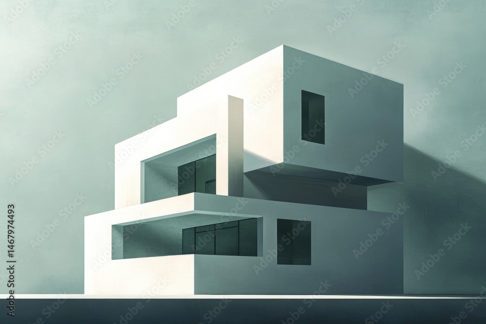 Poster a minimalist, three-story white building with geometric shapes against a soft turquoise background, 