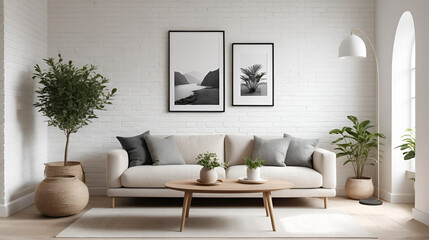 Scandinavian living room, minimalist interior design, beige sofa, white brick wall, empty picture frame, arched floor lamp, wooden coffee table, potted plant, neutral color palette, natural light, coz