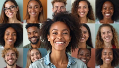 Fototapeta premium Smiling mixed-race woman. Collage of diverse people faces with happy smiles. Multi-ethnic group, diversity, inclusion concept. Faces of different ages, nationalities. Teamwork.