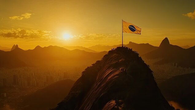 Sunset over mountain peak, Brazilian flag