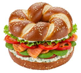 Laugenbrötchen mit Lachs, Tomaten, Blattspinat und Kräuterfrischkäse, isoliert auf weißem Hintergrund