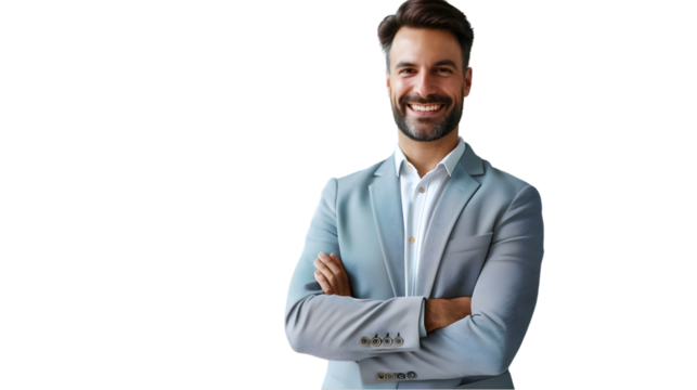 Portrait of a smiling man in a light gray suit with arms crossed against a dark background looking forward