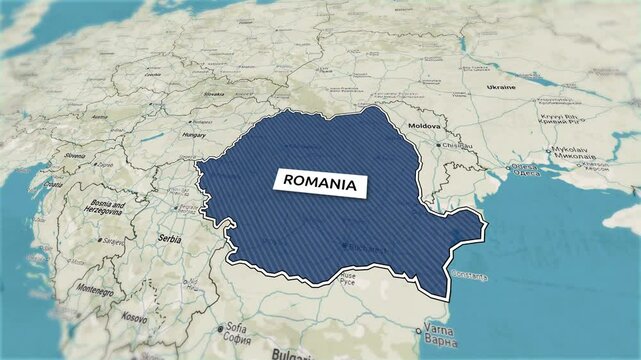 Borders of the state of Romania on the map. Country Romania on the map is highlighted by a polygonal border. From above zooming in with panoramic view