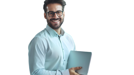 Smiling man with glasses holding a laptop in a light blue shirt against a TRANSPARENT background isolated