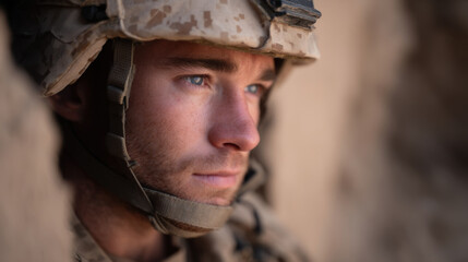 Fototapeta premium light portrait of sapper captured dynamically on left side of frame showcasing random emotion