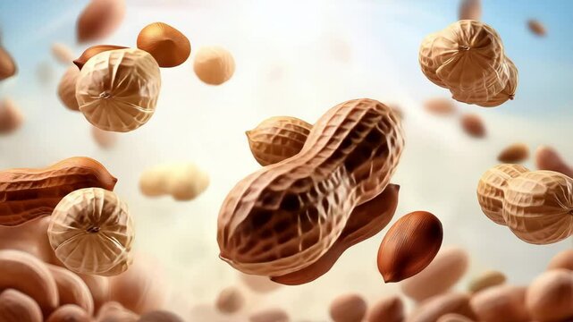 A captivating close-up of peanuts suspended in mid-air. The peanuts are in various states, from shelled to in-shell, each exhibiting unique textures and colors