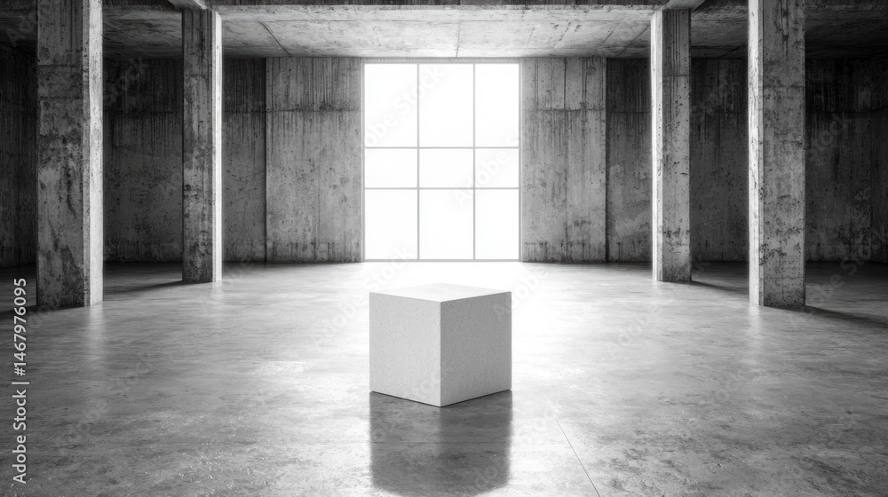 Poster a minimalist black and white room with a large window and a white cube in the center.