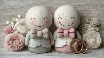 Whimsical wooden wedding figurines celebrating love and elegance