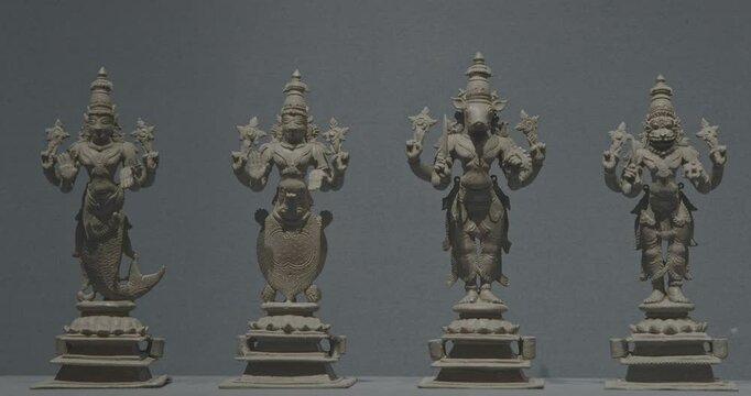 Row Of Old Ancient Bronze Figurines Of Indian Deities And Avatars. 10-19th Century Ce. Ungraded C LOG 2 Matsya Avatara, Kurma Avatara, Varaha Avatara And Narasimha