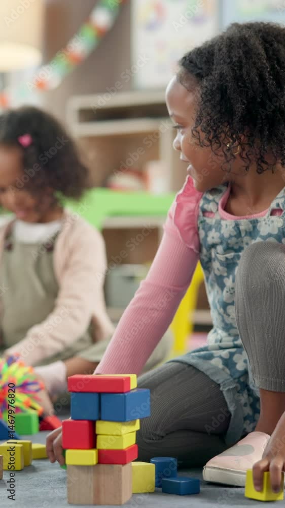 Poster kindergarten, children and girl with blocks for education, creative and cognitive development in cla