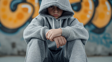 Young boy expressing sadness while sitting against graffiti wall  