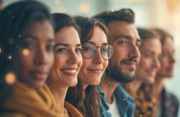 Fototapeta premium Group diverse people, representing online social community. Smiling faces express connection, engagement. Focuses on digital communication, modern trends, building relationships, trust, achieving