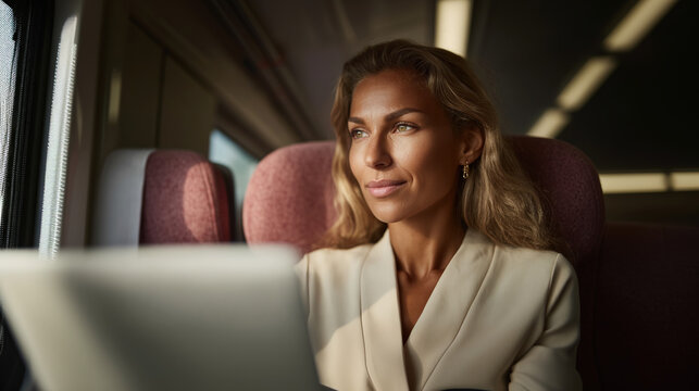 Elegante Gesch&auml;ftsfrau reist in modernem europ&auml;ischen Zug und arbeitet am Laptop, Elegant businesswoman travels on a modern European train and works on her laptop