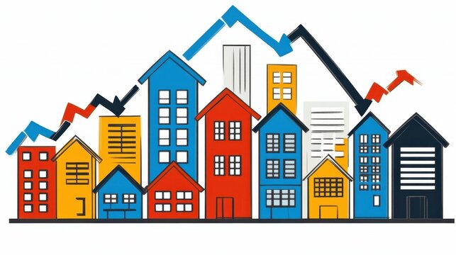 Animated Cityscape Displaying Housing Market Fluctuation with Chart Overlaying Colorful Buildings in Urban Setting and Dynamic Financial Growth