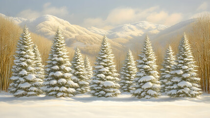 Snowy evergreens stand majestically before snow-capped mountains under a bright winter sky
