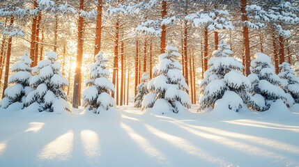 Naklejka premium Sunlit winter forest scene with snow-covered pine trees and long shadows