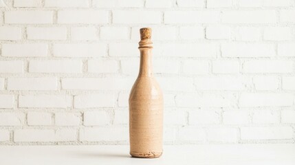 A light brown ceramic bottle with a cork stopper.