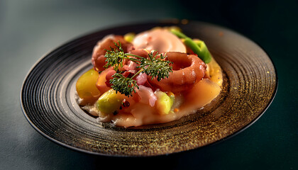 Gourmet Seafood Dish Elegant Appetizer with Scallops Citrus Fruits and Herbs on Dark Plate
