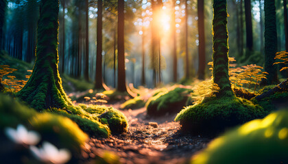 Magical Golden Hour Sunlight in a Lush Mossy Forest Path