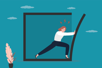 Going beyond limits. Confident businesswoman pushing to break box wall. Female character get out of comfort zone for freedom. Overcoming obstacles and achieving goals