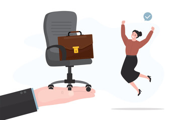 Happy businesswoman gets a job offer. Happy caucasian woman jumping near giant hand with office chair and briefcase. Job offer. Recruitment process, hiring, employment.
