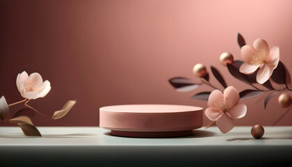 Elegant Pink Product Display Podium with Delicate Flowers and Gold Accents