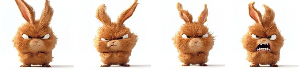 Fototapeta premium Any poses of a cute, fluffy brown bunny character, against a white background