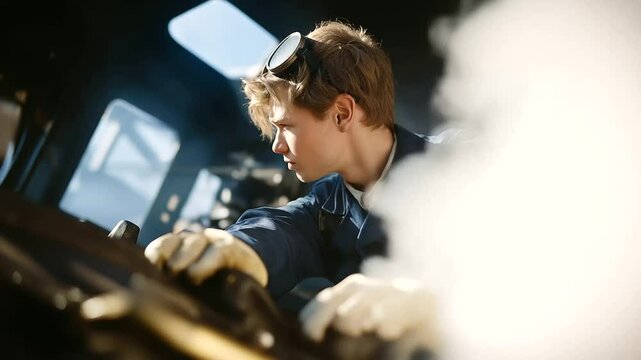 Train conductor inspecting railcar wheel in foggy morning