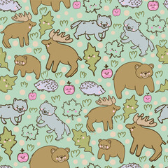 Obraz premium Cute kawaii Woodland Animals Vector Seamless Pattern in Pastel Colors