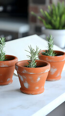 Fototapeta premium Three terracotta pots, distressed finish, contain small rosemary plants