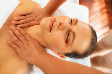 Caucasian woman customer enjoying relaxing anti-stress spa massage and pampering with beauty skin...