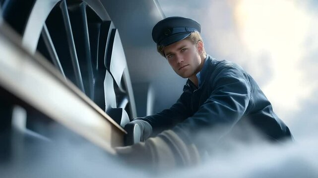 Train Conductor Inspects Wheel on Railcar at Foggy Station