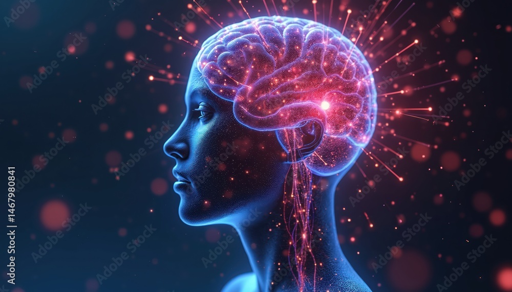 Poster abstract illustration of digital brain with glowing data points and neural connections. ai, machine 