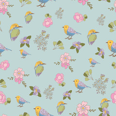 Pastel Birds and Flowers Vector Seamless Pattern n a whimsical vintage style