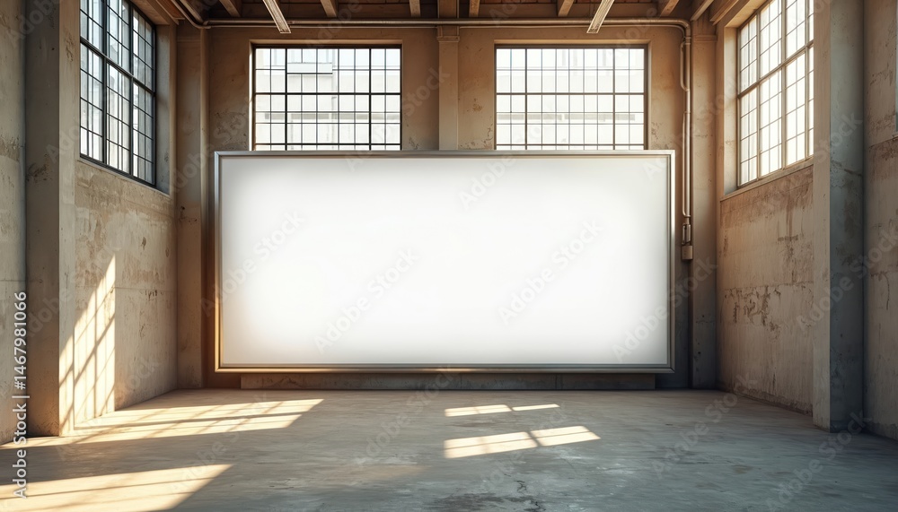 Poster empty blank billboard ad space. advertising display in industrial loft building with sunlight. blank