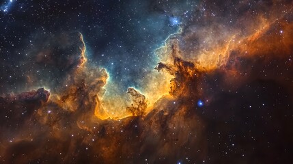 Obraz premium Vivid orange and gold nebula with cloud-like formations and bright stars in deep space