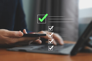 Inspector makes mark on the survey topic, Checklist with checkmarks and checkboxes, checkbox to conduct opinion and quality surveys or satisfaction, checklist ideas, online quality assessment