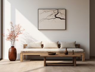 Minimalist japandi and wabi sabi style living room with rustic coffee table, neutral couch and large artwork on the wall. Japanese style minimalist interior.