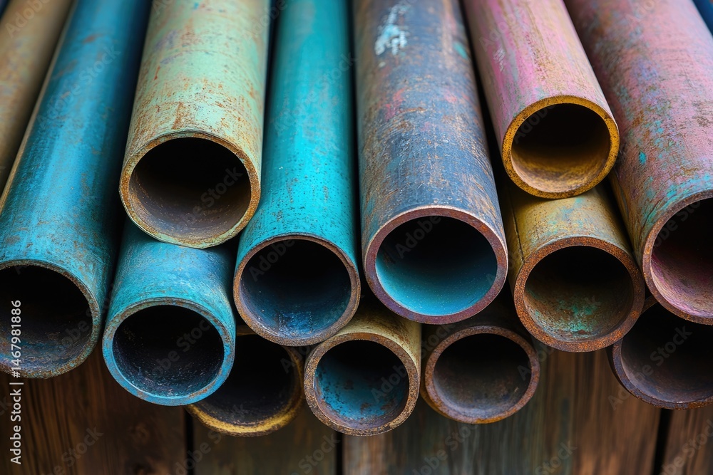 Poster a stack of colorful and rusty metal pipes, stacked on top of each other, creating an industrial and 