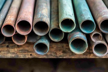 A stack of colorful, weathered, and rusty metal pipes laying on a wooden surface, showcasing texture and industrial aesthetic.