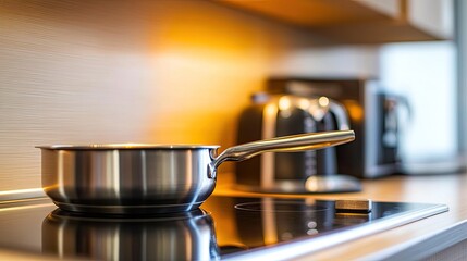 Shiny Pot on Induction Cooktop in Modern Kitchen CloseUp.