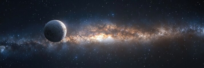 Cosmic expanse with celestial body and galaxy