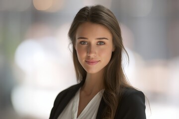 Naklejka premium Portrait of a young Caucasian woman with long brown hair, wearing a black blazer and white shirt. Soft, natural light.