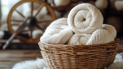 Obraz premium Creamy yarn balls in a rustic basket. Soft, cozy, and ready for your next project!