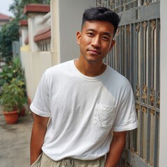 Obraz premium A man standing in front of a metal gate