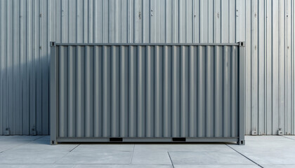 Large grey shipping container situated against textured wall. Storage, transport, industrial logistic, freight, warehouse, secure, portable, supply. Modern cargo service, delivery, organization,