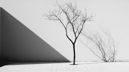 A solitary tree stands in a stark white square, casting a long shadow on the ground.