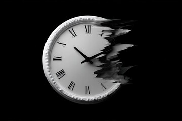 Conceptual representation of time distortion through a clock with reversed numbers and glitch effects