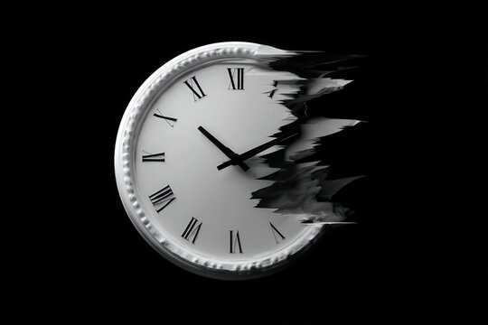 Conceptual representation of time distortion through a clock with reversed numbers and glitch effects