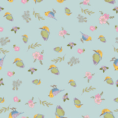 Pastel Birds and Flowers Vector Seamless Pattern n a whimsical vintage style